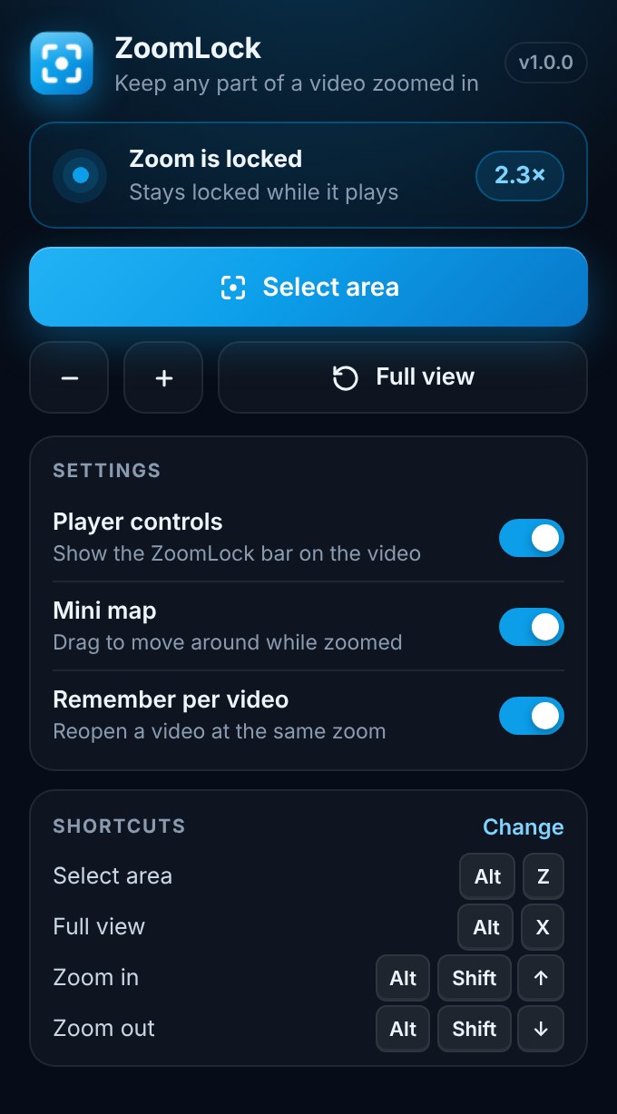 The ZoomLock popup with status, zoom buttons, settings and shortcuts
